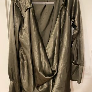 green satin deep cowl neck blouse